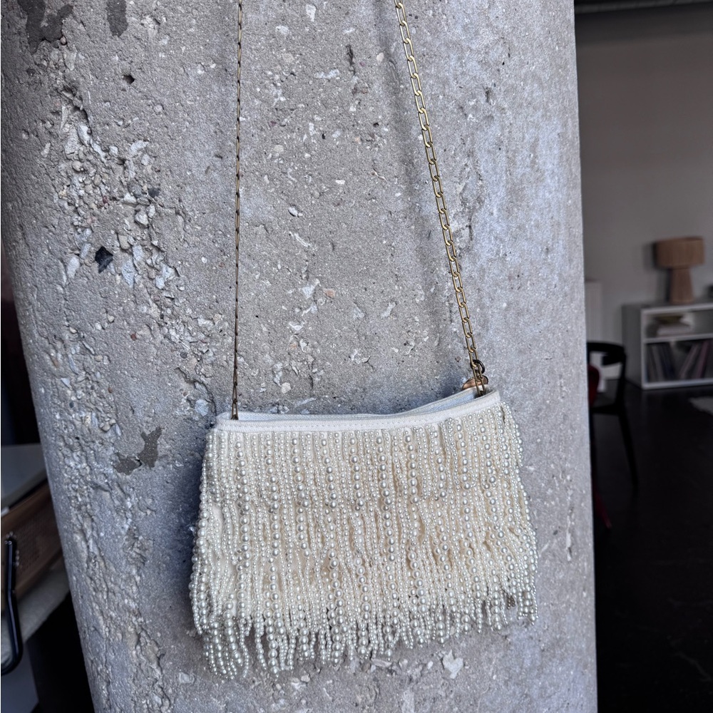 Clare V Cream Beaded Fringe Clutch